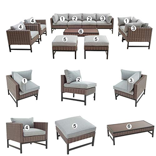 Festival Depot 11 Pieces Patio Conversation Set Outdoor Furniture Combination Sectional Sofa Loveseat All-Weather Wicker Metal Chairs with Seating Back Cushions Side Coffee Table,Gray