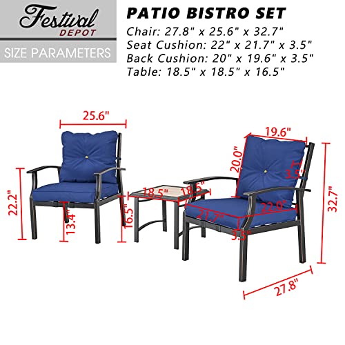 Festival Depot 3-Piece Patio Bistro Set Conversation Set Armchair Set with Side Coffee Table Outdoor Furniture with Hand-Woven Textilene Rope Backrest (Black Metal Frame with Blue Cushion)