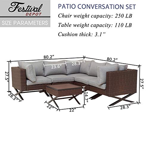 Festival Depot 6pcs Outdoor Furniture Patio Conversation Set Sectional Corner Sofa Chairs with X Shaped Metal Leg All Weather Brown Rattan Wicker Side Coffee Table with Grey Thick Seat Back Cushions