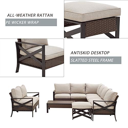 Festival Depot 10 Pcs Patio Outdoor Furniture Conversation Set Sectional Corner Sofa with All-Weather Brown PE Rattan Wicker Back Chair, Ottoman, Coffee Table and Thick Removable Couch Cushions
