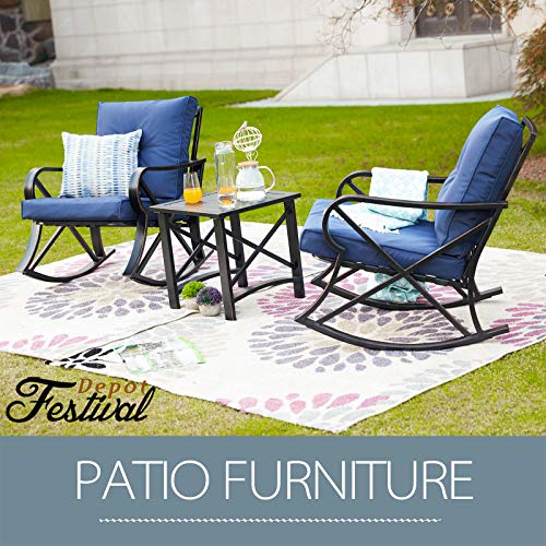 Festival Depot 3-Piece Patio Outdoor Rocking Chairs Wicker Rattan Bistro Furniture Conversation Sets with Coffee Table and Thick Blue Cushions for Porch Lawn Garden Balcony Pool Backyard