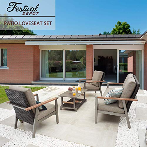 Festival Depot 4 Pieces Patio Outdoor Conversation Chairs Loveseat Set with Coffee Rectangle Table Metal Frame Furniture Garden Bistro Seating Thick Soft Cushions