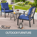 Festival Depot 3-Piece Patio Bistro Set Conversation Set Armchair Set with Side Coffee Table Outdoor Furniture with Hand-Woven Textilene Rope Backrest (Black Metal Frame with Blue Cushion)