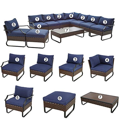 Festival Depot 10 Pcs Patio Conversation Sets Outdoor Furniture Sectional Corner Sofa with All-Weather PE Rattan Wicker Chair Coffee Table and Thick Soft Removable Couch Cushions (Blue)