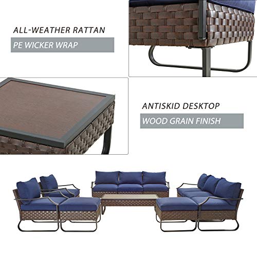 Festival Depot 11 Pcs Patio Conversation Sets Outdoor Furniture Sectional Sofa with All-Weather PE Rattan Wicker Chair,Loveseat Coffee Table and Thick Soft Removable Couch Cushions(Blue)
