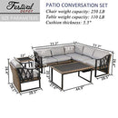 Festival Depot 8pcs Outdoor Furniture Patio Conversation Set Sectional Corner Sofa Chairs All Weather Brown Rattan Wicker Slatted Coffee Table End Table with Grey Thick Seat Back Cushions, Black