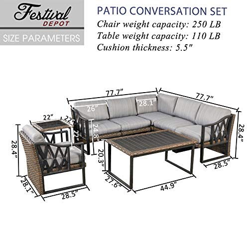 Festival Depot 8pcs Outdoor Furniture Patio Conversation Set Sectional Corner Sofa Chairs All Weather Brown Rattan Wicker Slatted Coffee Table End Table with Grey Thick Seat Back Cushions, Black