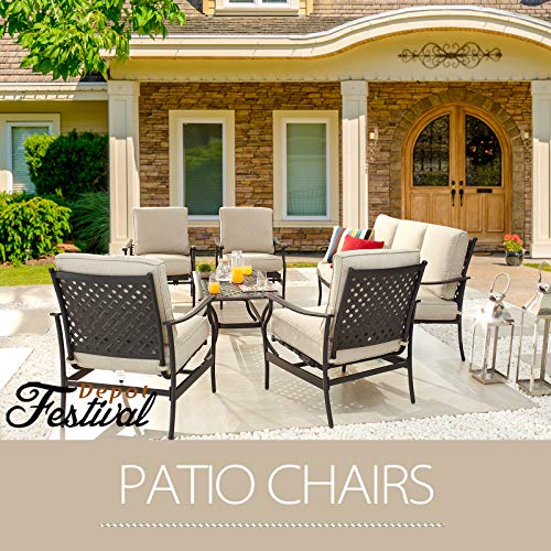 Festival Depot 6Pcs Outdoor Furniture Patio Conversation Set All Weather Black Metal Armchairs with Seat and Back Cushions, Rectangle Coffee Table for Deck Lawn Garden, Beige