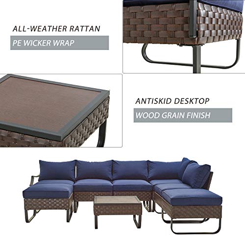 Festival Depot 8 Pcs Patio Conversation Sets Outdoor Furniture Sectional Corner Sofa with All-Weather PE Rattan Wicker Chair, Ottoman Coffee Table and Thick Soft Removable Couch Cushions (Blue)