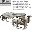Festival Depot 13Pc Outdoor Furniture Patio Conversation Set Sectional Corner Sofa Chairs All Weather Wicker Ottoman Metal Frame Slatted Coffee Table with Thick Grey Seat Back Cushions Without Pillows