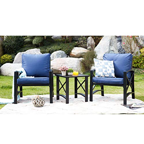 Festival Depot 3pcs Patio Outdoor Furniture Conversation Bistro Set Metal Armchairs with Thick Seat Back Cushions and Side Coffee Table for Lawn Backyard Deck