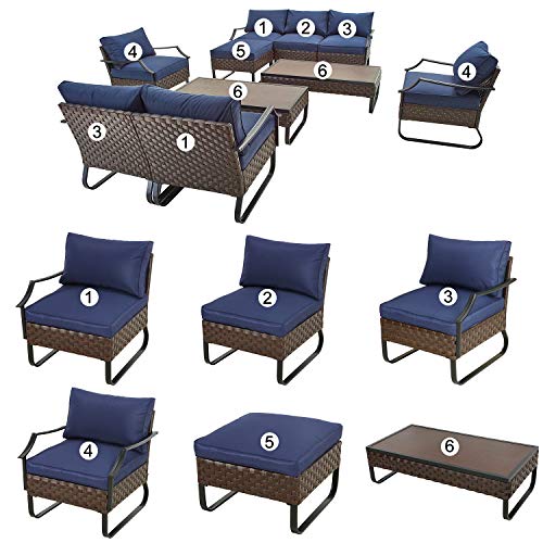 Festival Depot 10 Pcs Patio Conversation Sets Outdoor Furniture Sectional Corner Sofa with All-Weather PE Rattan Wicker Chair Loveseat, Coffee Table and Thick Soft Removable Couch Cushions (Blue)
