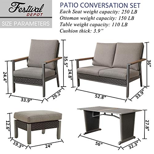 Festival Depot 6pcs Patio Conversation Set Metal Armchair All Weather Wicker Loveseat Rattan Ottoman with Grey Thick Cushions and Coffee Table Outdoor Furniture for Deck Poolside