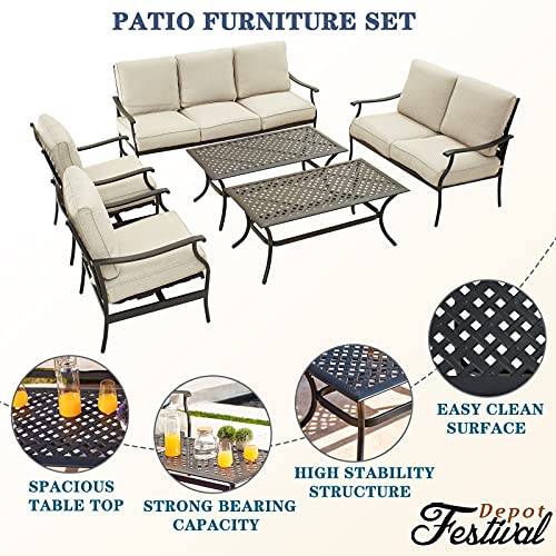 Festival Depot 6Pcs Outdoor Furniture Patio Conversation Set All Weather Black Metal Armchairs Loveseat with Seat and Back Cushions, 3-Seating Chair, Rectangle Coffee Table for Deck Lawn Garden