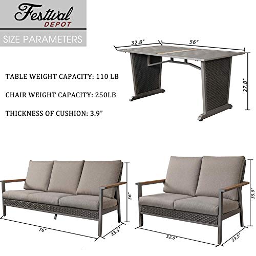 Festival Depot 4 Pieces Patio Conversation Set Metal Loveseats Wicker Back 3-Seater Sofa with Thick Cushions and Coffee Table Outdoor Furniture for Deck Garden (4pc Patio Loveseat Set 2)