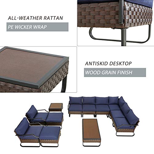 Festival Depot 12 Pcs Patio Conversation Sets Outdoor Furniture Sectional Corner Sofa with All-Weather PE Rattan Wicker Chair, Coffee Table and Thick Soft Removable Couch Cushions (Blue)