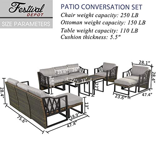Festival Depot 12Pc Outdoor Furniture Patio Conversation Set Sectional Sofa Chairs All Weather Wicker Ottoman Metal Frame Slatted Side Coffee Table with Thick Grey Seat Back Cushions Without Pillows
