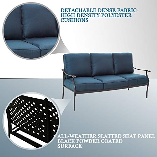 Festival Depot 6Pcs Outdoor Furniture Patio Conversation Set All Weather Black Metal Armchairs with Seat and Back Cushions, Rectangle Coffee Table for Deck Lawn Garden, Beige