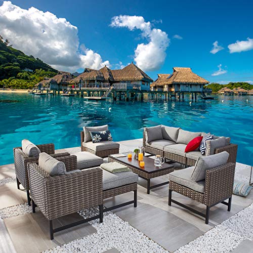 Festival Depot 10 Pieces Patio Conversation Set Outdoor Furniture Combination Sectional Sofa Loveseat Chaise All-Weather Wicker Metal Chairs with Seating Back Cushions Side Coffee Table,Gray