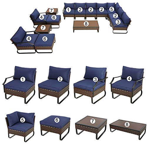 Festival Depot 14 Pcs Patio Conversation Sets Outdoor Furniture Sectional Corner Sofa with All-Weather PE Rattan Wicker Chair Coffee Table and Thick Soft Removable Couch Cushions (Blue)
