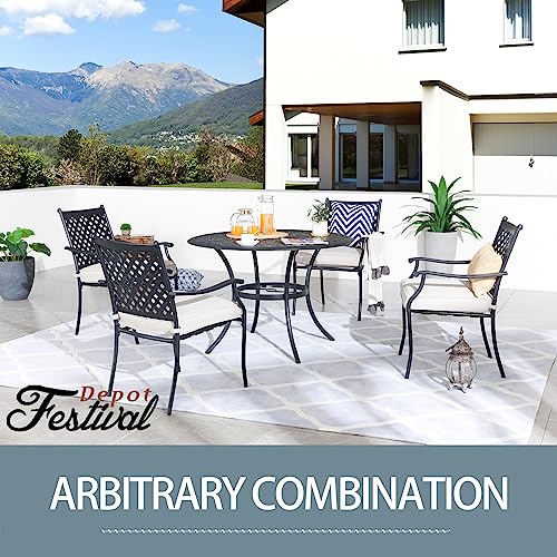 Festival Depot 5 Piece Patio Dining Set Metal Chairs with Seat Cushions and Round Iron Table with Umbrella Hole All Weather Outdoor Furniture for Bistro Deck Garden