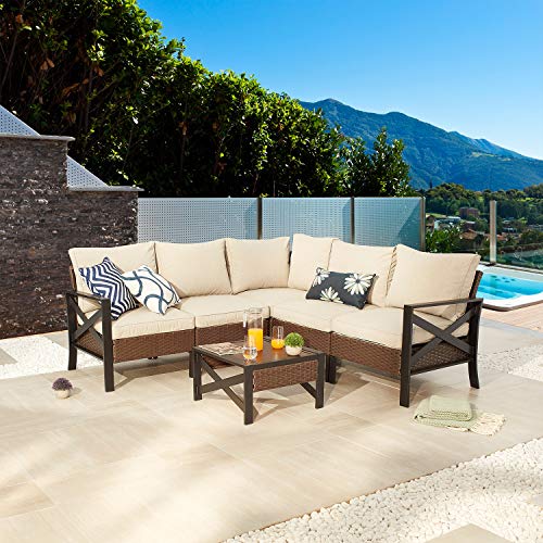 Festival Depot 6 Pcs Patio Outdoor Furniture Conversation Set Sectional Corner Sofa with All-Weather Brown Wicker Back Chair, Coffee Side Table, Ottoman and Soft Thick Removable Couch Cushion