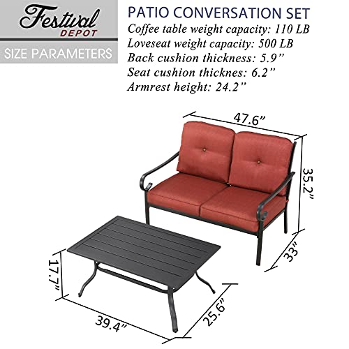 Festival Depot 2 Pieces Outdoor Furniture Patio Conversation Set Bistro Loveseat with Seat and Back Thick Cushions and Metal Coffee Table with Slatted Steel Tabletop for Backyard Porch Balcony