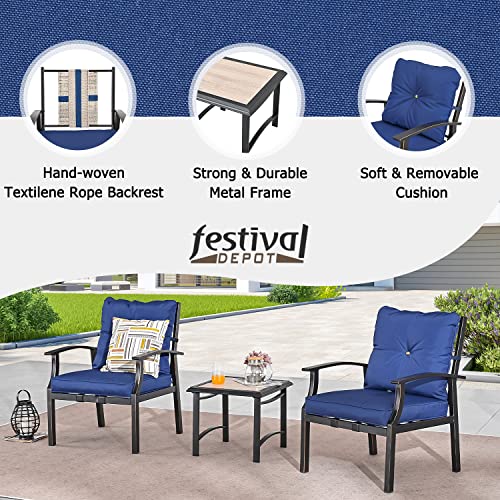 Festival Depot 3-Piece Patio Bistro Set Conversation Set Armchair Set with Side Coffee Table Outdoor Furniture with Hand-Woven Textilene Rope Backrest (Black Metal Frame with Blue Cushion)