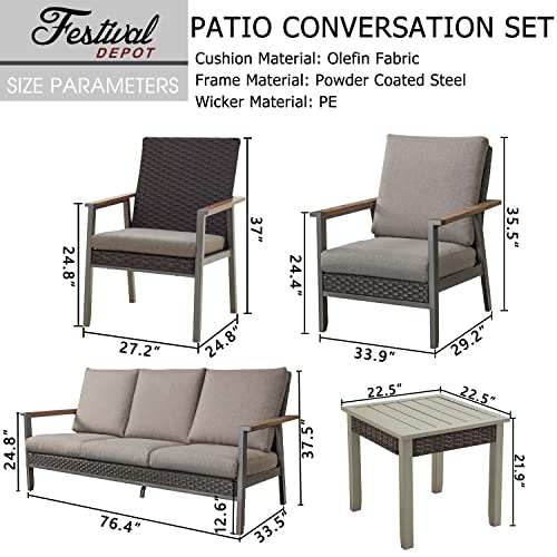 Sports Festival 14 Pieces Outdoor Sectional Sofa Furniture Set Include 6-Seats Dining Set, 5-Seats Loveseat Set Set with Metal Frame, Woven Wicker and Removable Back& Seat Cushions