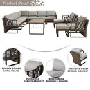 Festival Depot 13Pc Outdoor Furniture Patio Conversation Set Sectional Corner Sofa Chairs All Weather Wicker Ottoman Metal Frame Slatted Coffee Table with Thick Grey Seat Back Cushions Without Pillows