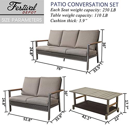Festival Depot 3pcs Patio Conversation Set Wicker Armchair All Weather Rattan Loveseat 3-Seater Sofa with Grey Thick Cushions and Coffee Table in Metal Frame Outdoor Furniture for Deck Poolside