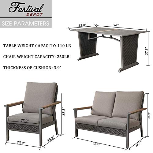Festival Depot 4 Pieces Patio Outdoor Conversation Chairs Loveseat Set with Coffee Rectangle Table Metal Frame Furniture Garden Bistro Seating Thick Soft Cushions
