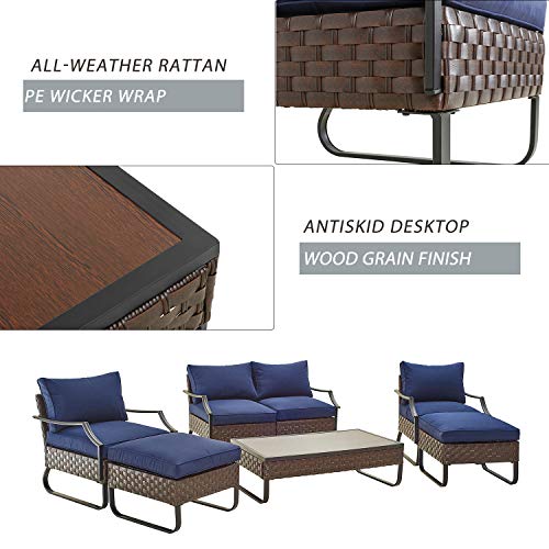 Festival Depot 7 Pieces Patio Conversation Sets Outdoor Furniture Sectional Sofa with All-Weather PE Rattan Wicker Back Chair, Coffee Table and Thick Soft Removable Couch Cushions(Blue)