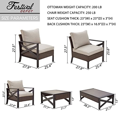 Festival Depot 9 Pcs Patio Outdoor Furniture Conversation Set Sectional Sofa with All-Weather Brown PE Rattan Wicker Back Chair, Coffee Side Table and Soft Thick Removable Couch Cushions