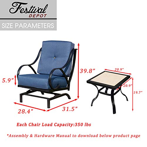 Festival Depot 3-Piece Bistro Outdoor Patio Furniture Sets Square Metal Ceramic Top Coffee Table Slatted Steel Frame Armrest Chairs with Curved Armrest with 5.9''Thick Soft Cushions Garden Porch,Blue