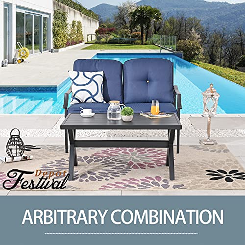 Festival Depot 2 pc Conversation Set Outdoor Patio Loveseat with Seat and Back Thick Cushions and Coffee Table Metal Furniture for Garden Bistro