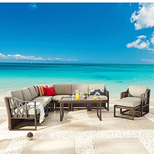 Festival Depot 10Pc Outdoor Furniture Patio Conversation Set Sectional Corner Sofa Chairs All Weather Wicker Ottoman Metal Frame Slatted Coffee Table with Thick Grey Seat Back Cushions Without Pillows