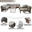 Festival Depot 13Pc Outdoor Furniture Patio Conversation Set Sectional Corner Sofa Chairs All Weather Wicker Ottoman Metal Frame Slatted Coffee Table with Thick Grey Seat Back Cushions Without Pillows