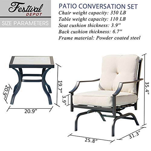 Festival Depot 3-Piece Outdoor Patio Armrest Chairs Set Garden Bistro Square Metal Table and Seating Set with Thick Cushions
