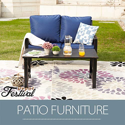 Festival Depot 2pcs Outdoor Furniture Patio Conversation Set Metal Coffee Table Loveseat Armchairs with Seat and Back Cushions Without Pillows for Lawn Beach Backyard Pool, Khaki