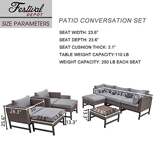 Festival Depot 10 Pieces Outdoor Furniture Patio Conversation Set Combination Sectional Sofa Loveseat All-Weather Wicker Metal Chairs with Seating Back Cushions Side Coffee Table,Gray