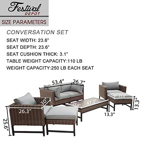 Festival Depot 7 Pcs Patio Outdoor Conversation Wicker Chairs Cushions Ottomans Set with Coffee Square Table Metal Frame Furniture Garden Bistro Seating Thick Soft Cushion (Gray)