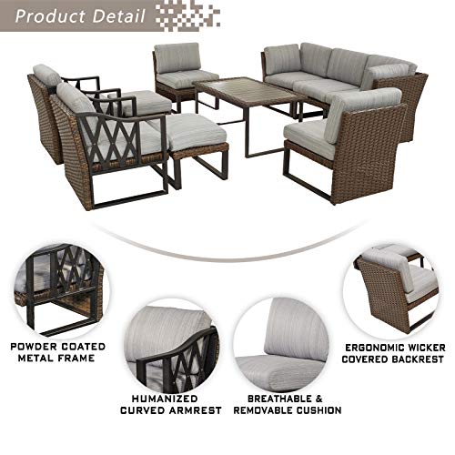 Festival Depot 10Pc Outdoor Furniture Patio Conversation Set Sectional Corner Sofa Chairs All Weather Wicker Ottoman Metal Frame Slatted Coffee Table with Thick Grey Seat Back Cushions Without Pillows