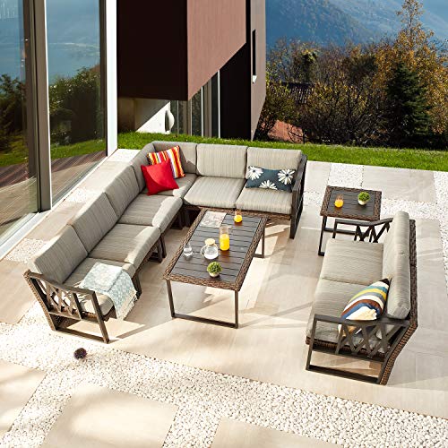 Festival Depot 10Pc Outdoor Furniture Patio Conversation Set Sectional Corner Sofa Chairs All Weather Wicker Metal Frame Rectangle Side Slatted Coffee Table with Thick Grey Seat Back Cushion No Pillow