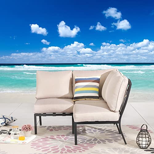 Festival Depot 3 Pieces Patio Conversation Set Sectional Corner Chair with Thick Cushions All Weather Metal Outdoor Furniture for Deck Porch Garden, Beige