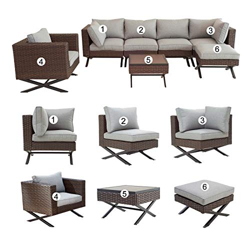 Festival Depot 7pcs Outdoor Furniture Patio Conversation Set Sectional Corner Sofa Chairs with X Shaped Metal Leg All Weather Brown Rattan Wicker Ottoman Side Coffee Table with Grey Seat Back Cushions