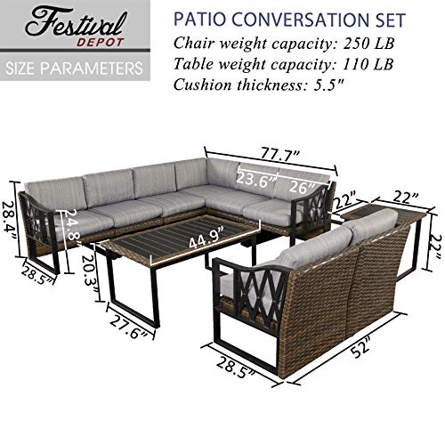 Festival Depot 10Pc Outdoor Furniture Patio Conversation Set Sectional Corner Sofa Chairs All Weather Wicker Metal Frame Rectangle Side Slatted Coffee Table with Thick Grey Seat Back Cushion No Pillow