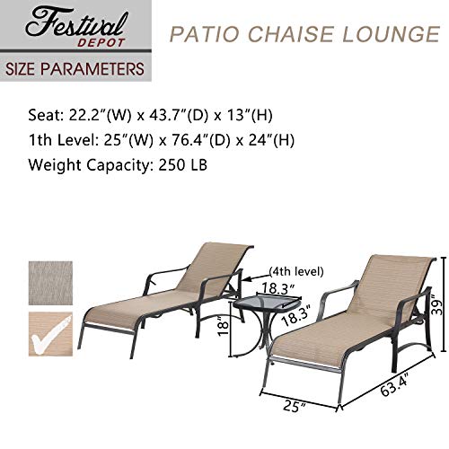 Deluxe 3 Piece Patio Set with Adjustable Textilene Chaise Lounges and Glass Coffee Table