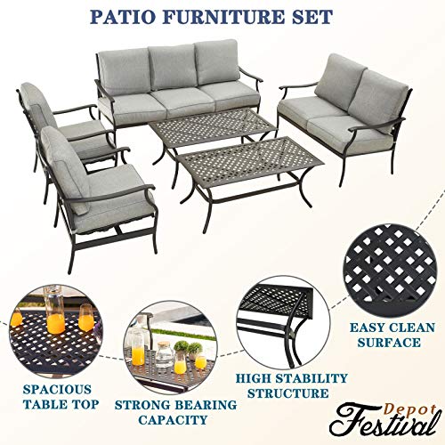 Festival Depot 6Pcs Outdoor Furniture Patio Conversation Set All Weather Black Metal Armchairs Loveseat with Seat and Back Cushions, 3-Seating Chair, Rectangle Coffee Table for Deck Lawn Garden