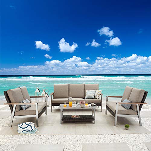 Festival Depot 4-Pieces Patio Outdoor Conversation Loveseats Chairs Set with Coffee Rectangle Table Metal Frame Furniture Garden Bistro Seating Thick Soft Cushions (4pc Patio Loveseat Set)